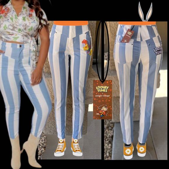 Unique Vintage Denim - Looney Tunes X Unique Vintage Blue Striped Bugs Bunny Skinny Jeans Size 6-8 M